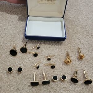Lord West Box Set Mens Cufflinks & Studs Goldtone Onyx Inlay Vintage Original